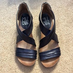 Miz Mooz wedge sandal. Navy blue leather. Zip in back. Comfortable!